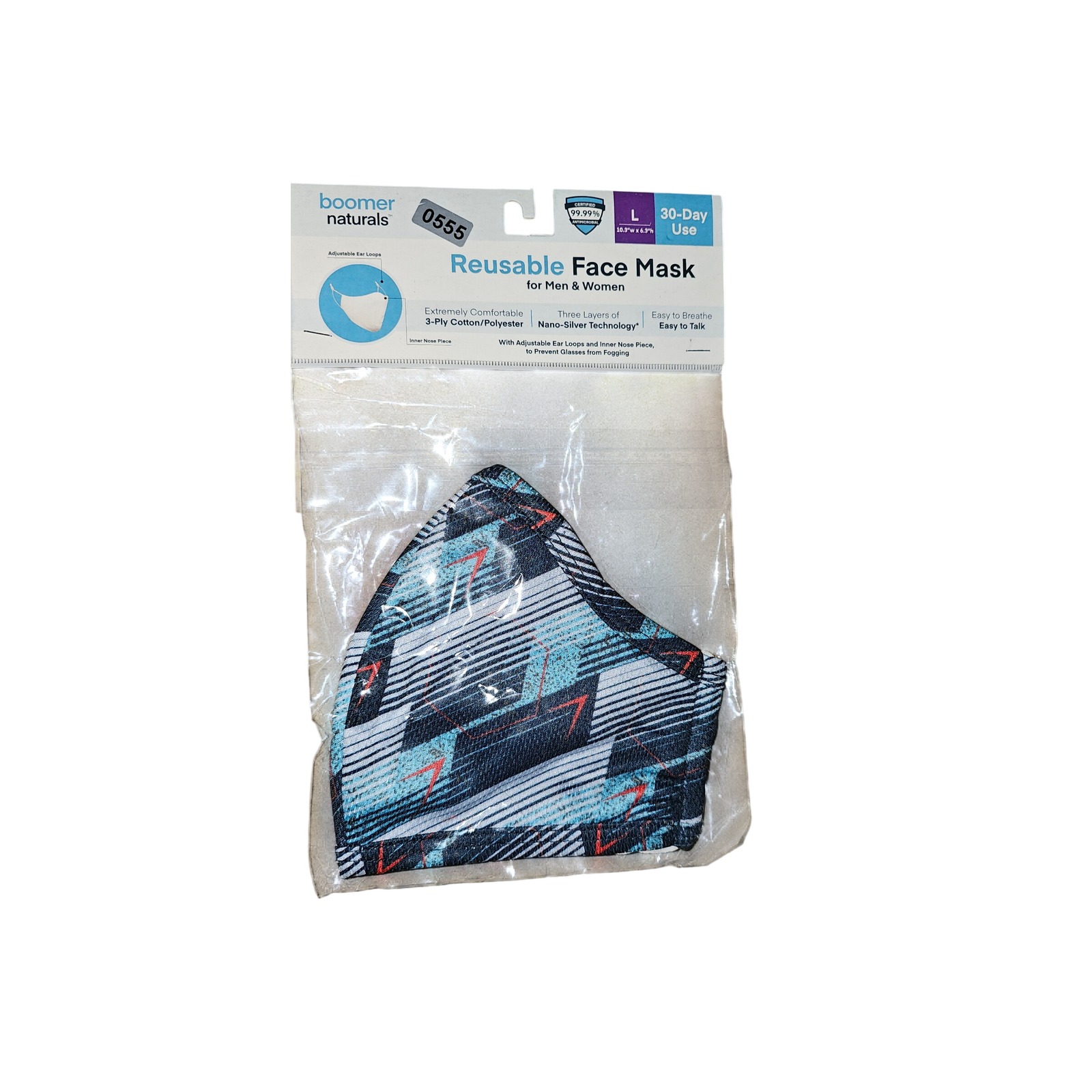 Boomer Naturals Reusable Face Mask Blue Geometric 3ply Nano Silver Large 554-556